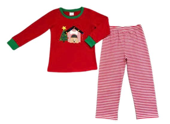 Boys Red & White Christmas Pajamas with Festive Dog House Design
