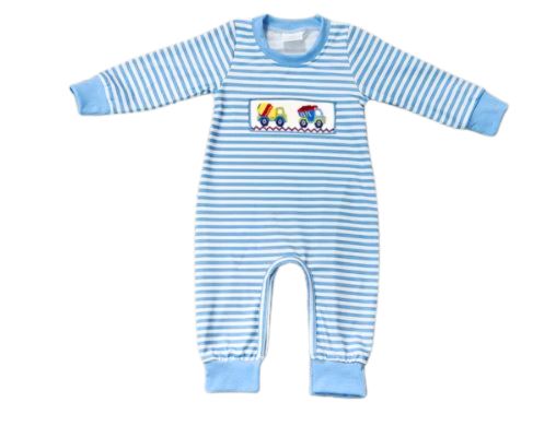 Blue & White Striped Embroidered Construction Trucks Boys Romper