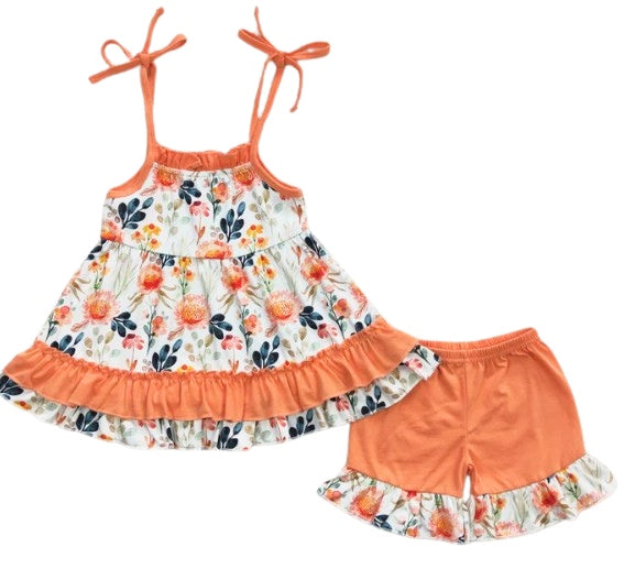 Orange Floral and Ruffle Short Set