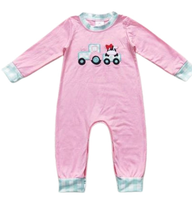 Tractor Pulling Cows Girls Pink Romper