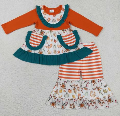 Fall Pumpkin & Fox Girls 2 Piece with Ruffled Pants