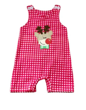Christmas Red & White Gingham Reindeer Boys Johnny Romper