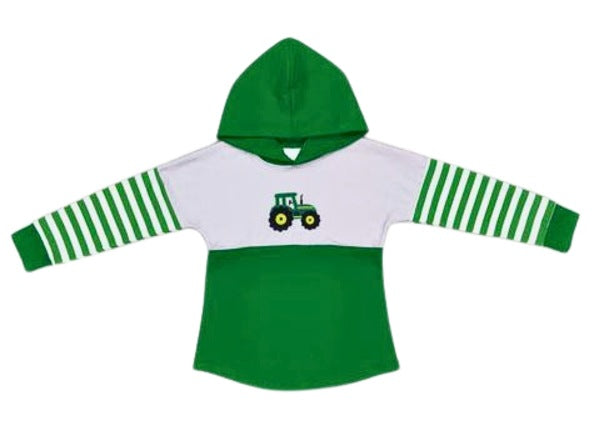 Green & White Striped Boys Tractor Long-Sleeve Hoodie