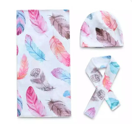 Feather swaddle with matching headband and hat