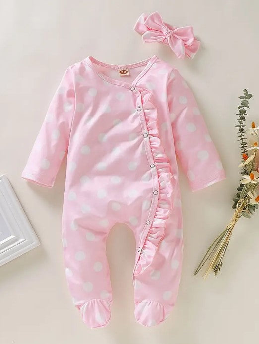 Pink and white polka dot romper