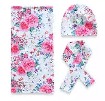 Pink roses swaddle set with matching headband and hat