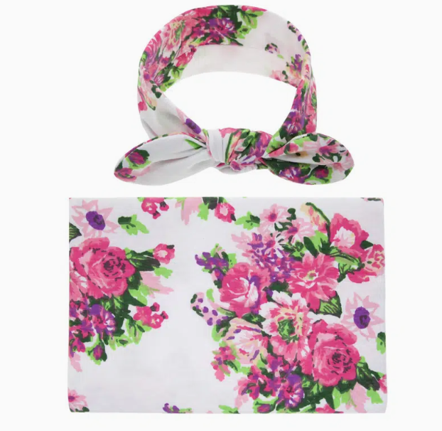 Soft newborn swaddle blanket with matching headband