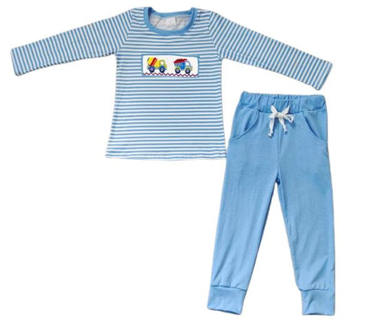 Blue & White Striped Embroidered Construction Trucks Boys 2 Piece Set