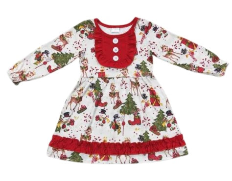 Girls Christmas Reindeer Ruffle Dress