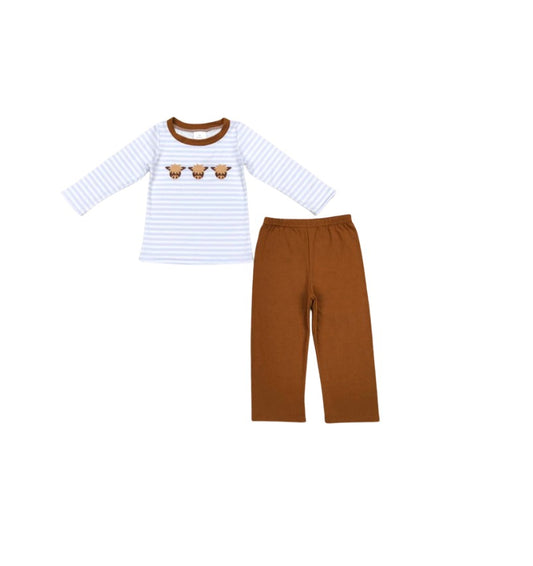 Cow Blue & White Stiped Boys 2 Piece Set with Brown Pants