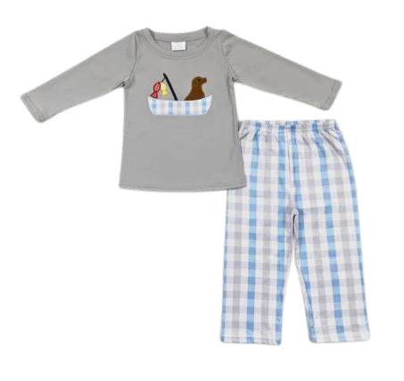 Embroidered Dog & Fishing-Themed Boys 2 Piece Set