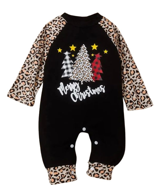 Girls leopard Christmas tree romper