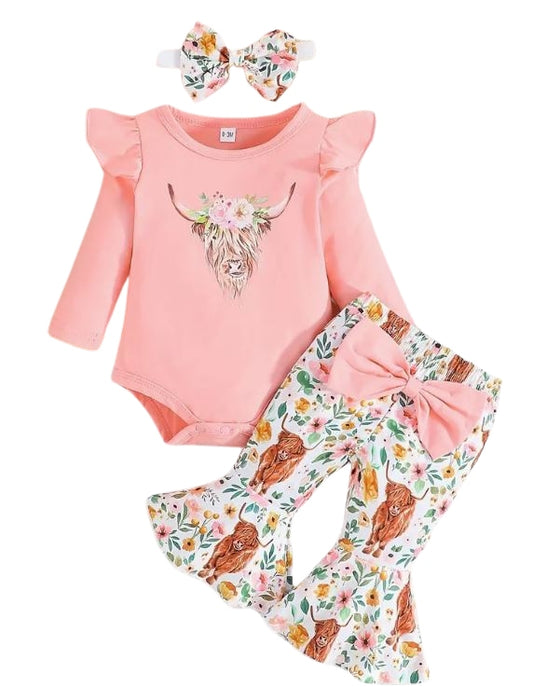 Coral Highland Cow 3 pc Outfit