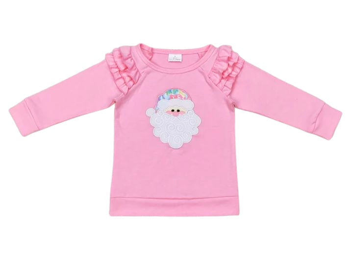 Girls Pink Sweatshirt with Ruffled Shoulders and Embroidered Santa