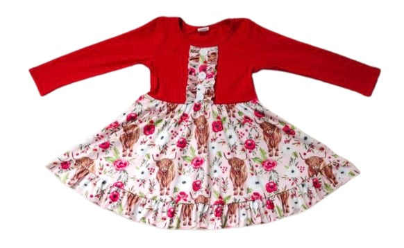 Girls Christmas Highland Cow Ruffle Dress