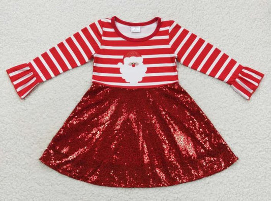 Red & White Girls Striped Christmas Dress with Sequined Skirt