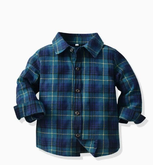 Green and navy plaid flannel shirt