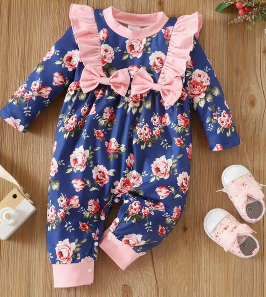 Girls blue and pink floral romper