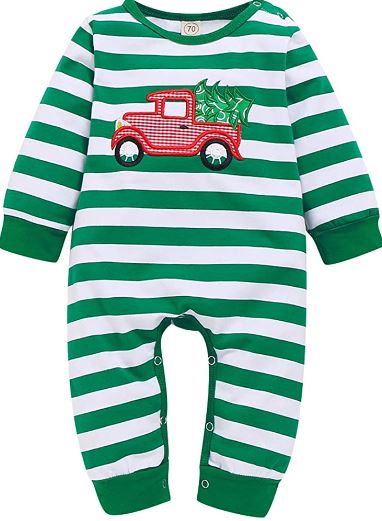 Boys green Christmas tree truck romper