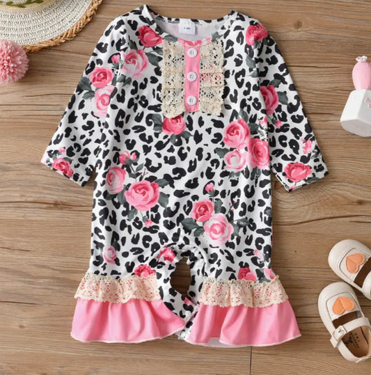Girls leopard and roses romper