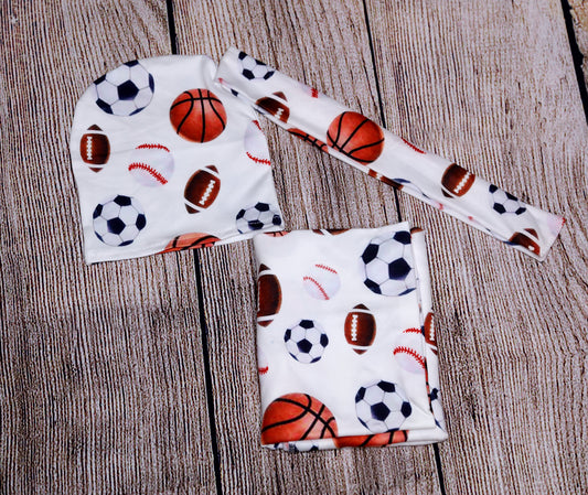 Sports swaddles with matching headband and hat